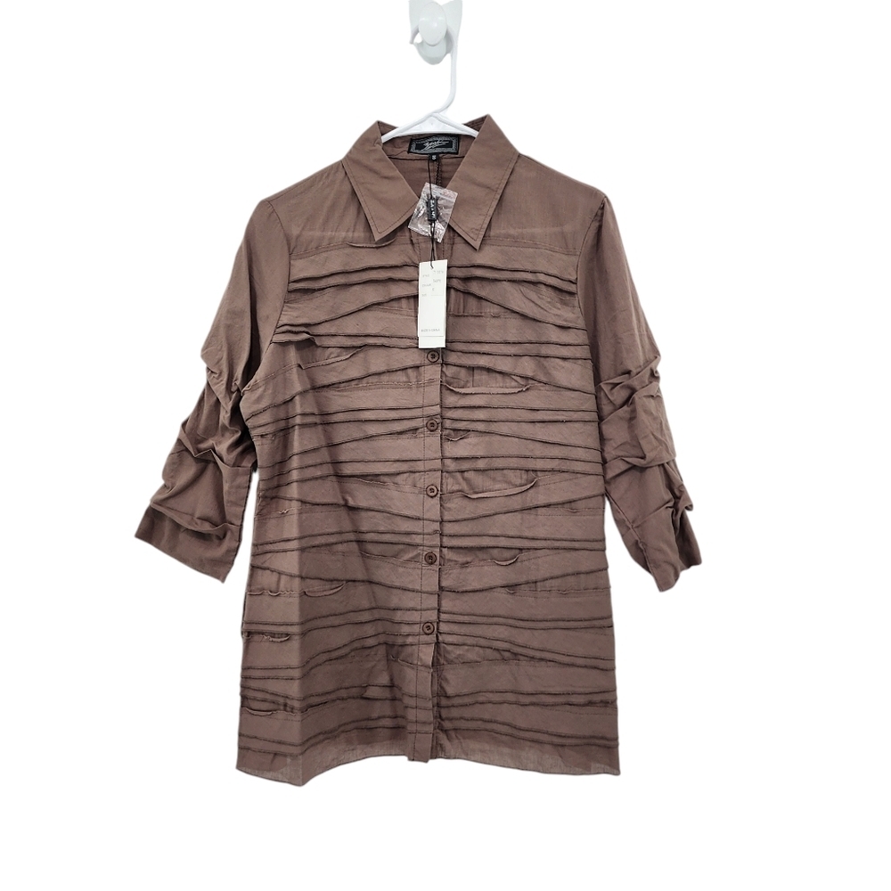 Zashi Women's 100% Cotton Pintucks Button Down Shirt Taupe- S